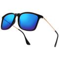 The ACE by NAKED Optics is a black Sonnenbrille featuring blue mirrored, polarisierte Gläser and thin gold arms, displayed on a white background for a stylish look that provides reliable UV-Schutz for your eyes.