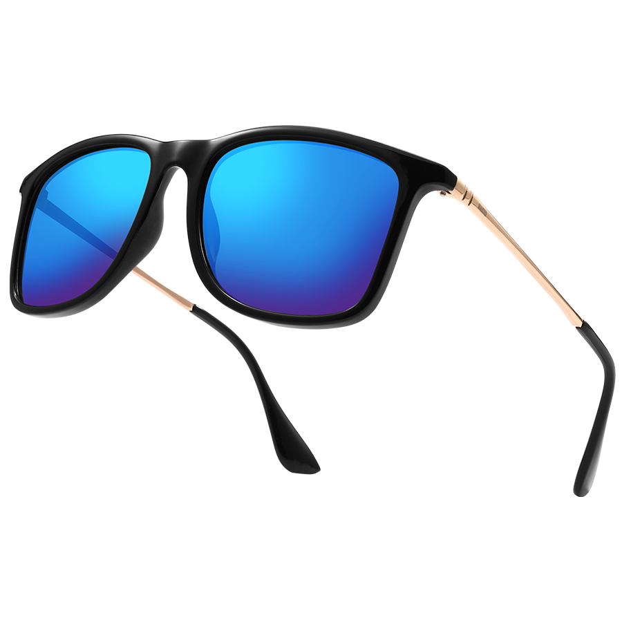The ACE by NAKED Optics is a black Sonnenbrille featuring blue mirrored, polarisierte Gläser and thin gold arms, displayed on a white background for a stylish look that provides reliable UV-Schutz for your eyes.