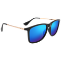 The ACE by NAKED Optics is a black Sonnenbrille featuring blue mirrored, polarisierte Gläser and thin gold arms, displayed on a white background. It provides optimal UV-Schutz for your eyes.