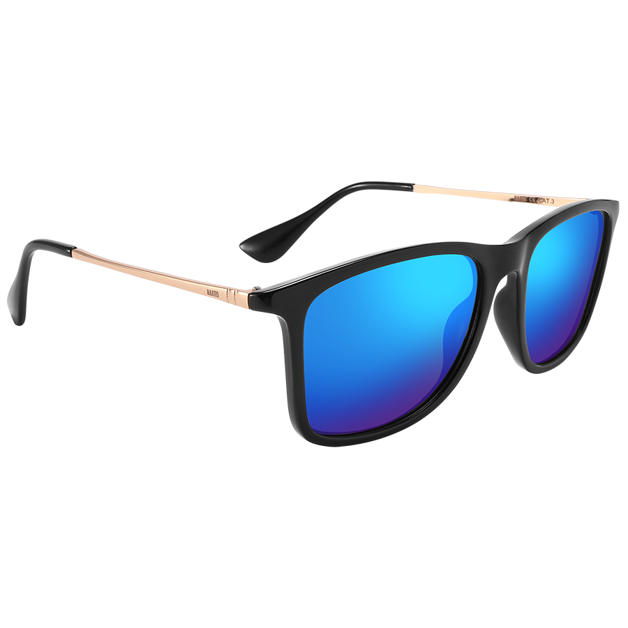 The ACE by NAKED Optics is a black Sonnenbrille featuring blue mirrored, polarisierte Gläser and thin gold arms, displayed on a white background. It provides optimal UV-Schutz for your eyes.