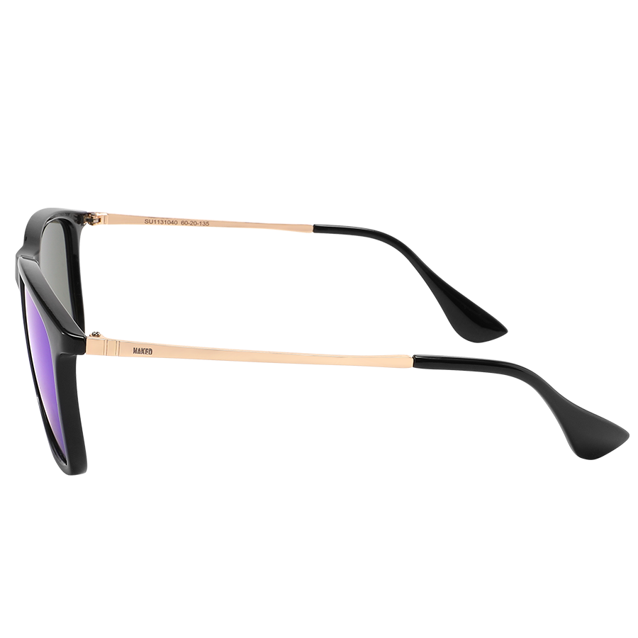 The ACE by NAKED Optics is a black Sonnenbrille with gold arms and purple, polarisierte Gläser, offering reliable UV-Schutz, shown from the side on a white background.