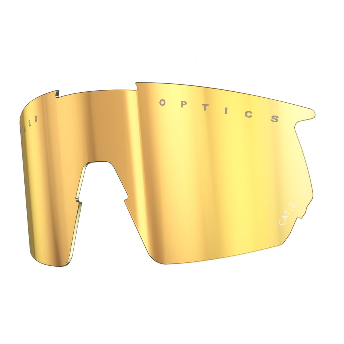 Das NAKED Optics Ersatzglas BLADE ist ein goldverspiegeltes Ersatzglas für Sportbrillen mit ausgeschnittenem Nasensteg, UV-Schutz und der Aufschrift „OPTICS CAT.2“.