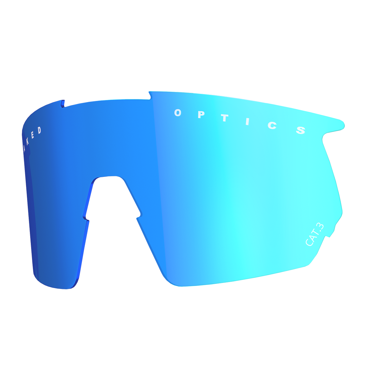 Lente di ricambio Ersatzglas BLADE con rivestimento a specchio blu di NAKED Optics per occhiali sportivi, con le scritte “OPTICS” e “CAT 3” sui bordi superiori, dotata di protezione UV e lenti intercambiabili per prestazioni ottimali.