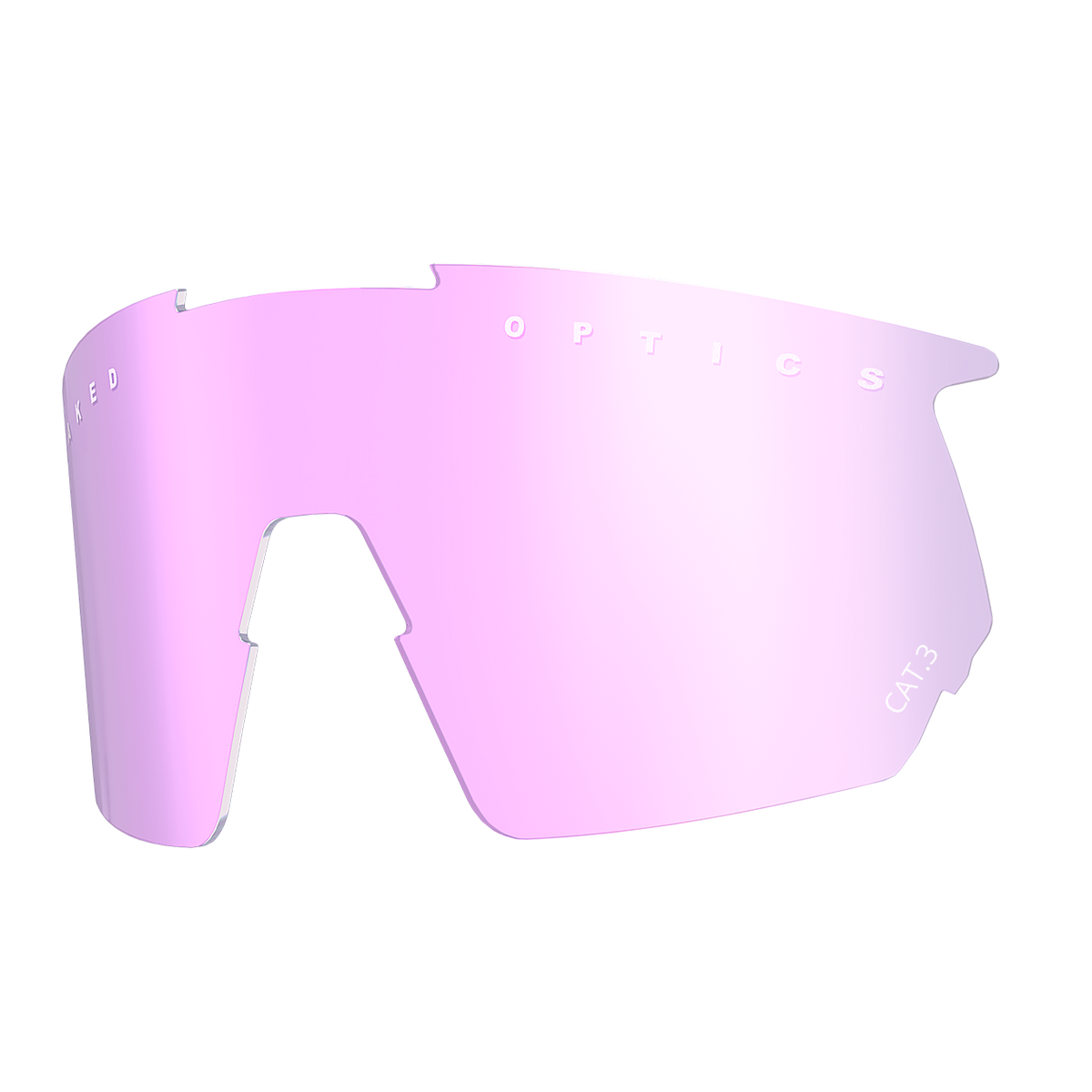A single Ersatzglas BLADE visor lens by NAKED Optics, featuring a pink tint, reflective surface, and white text along the top edge—ideal for Sportbrille enthusiasts seeking UV-Schutz and compatibility with austauschbare Gläser.