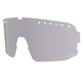 Ein graues Einlinsen-Visier für die Sportsonnenbrille „NAKED Optics Sportbrille“ mit den Aufdrucken „OPTICS“ und „CAT.0“ auf weißem Hintergrund – es bietet zuverlässigen UV-Schutz und eignet sich als Ersatzglas für das Modell VOLT.