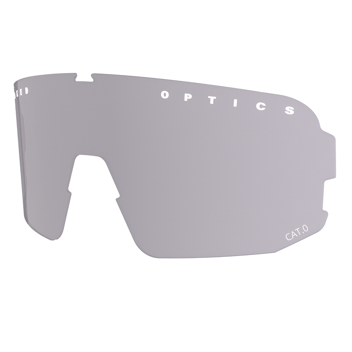 Ein graues Einlinsen-Visier für die Sportsonnenbrille „NAKED Optics Sportbrille“ mit den Aufdrucken „OPTICS“ und „CAT.0“ auf weißem Hintergrund – es bietet zuverlässigen UV-Schutz und eignet sich als Ersatzglas für das Modell VOLT.