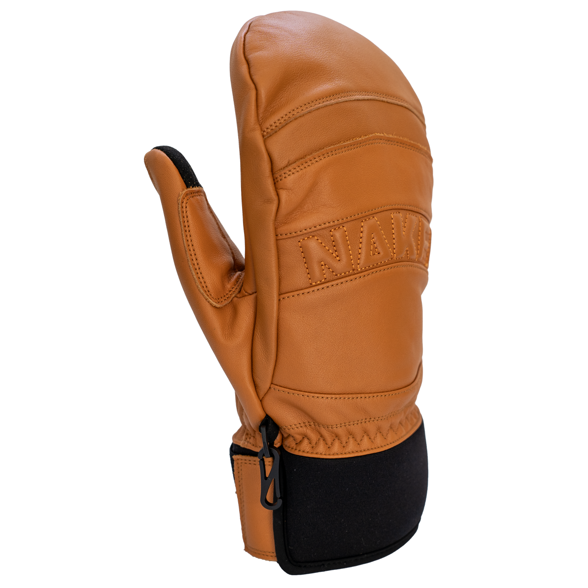Beigefarbene Echtleder-Fäustlinge „The CRUZER EVO Mitten“ der Marke NAKED Optics mit schwarzem Stoffbund, aufwendigen Steppnähten und geprägtem Schriftzug auf der Rückseite, präsentiert vor weißem Hintergrund.