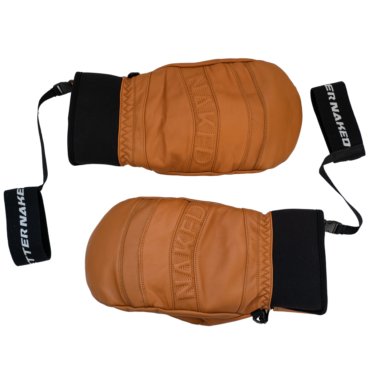 Ein Paar braune CRUZER EVO-Fäustlinge von NAKED Optics mit schwarzen Bündchen und verstellbaren schwarzen Riemen mit dem Schriftzug „BETTER NAKED“ – perfekt als Skifäustlinge oder um es bei kaltem Wetter gemütlich warm zu haben.