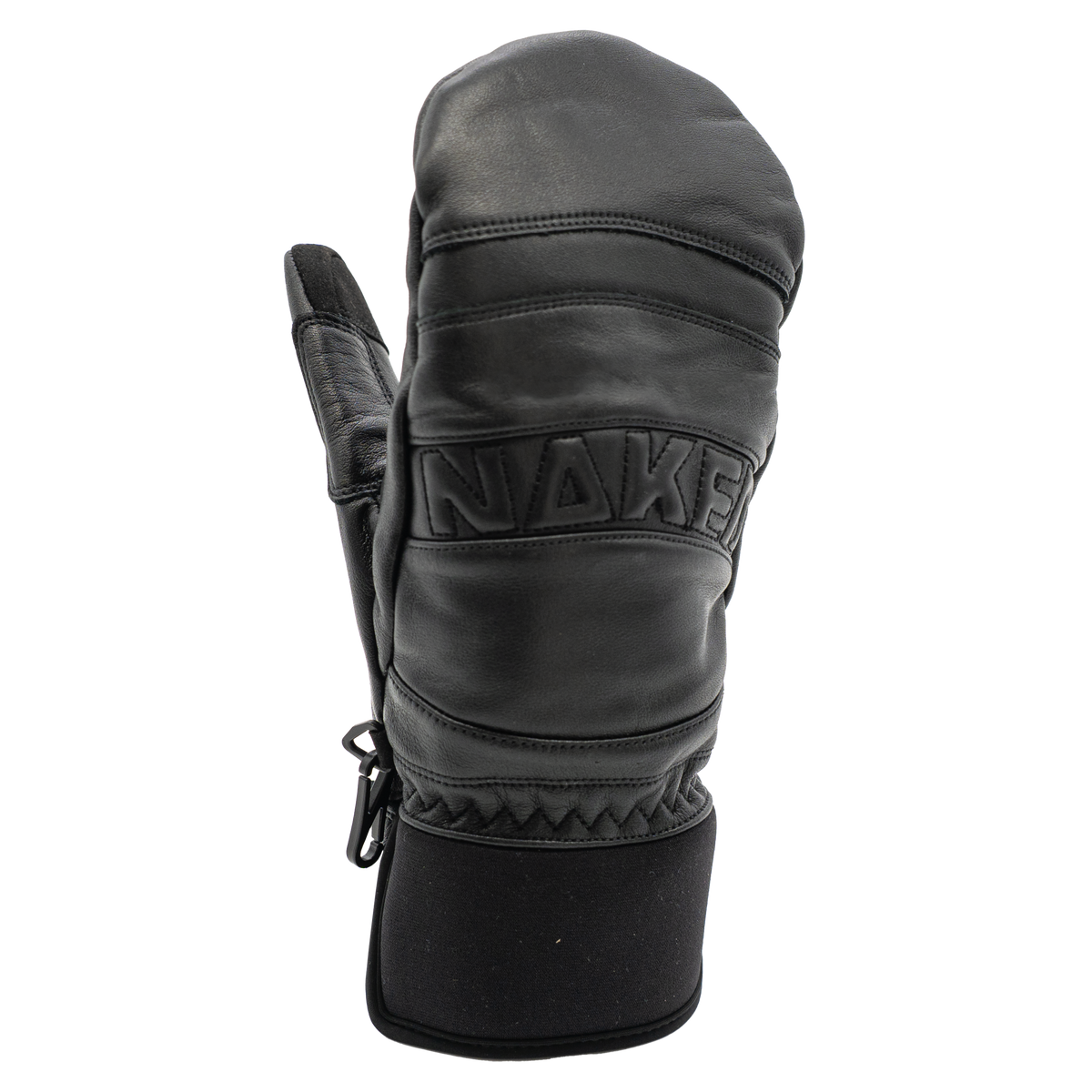 The CRUZER EVO Mitten by NAKED Optics features premium black genuine leather, “NAKED” stitched across the back, ribbed accents, and a neoprene wrist cuff—perfect as stylish ski mittens for cold days.