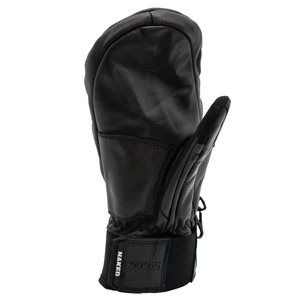 The CRUZER EVO Mitten by NAKED Optics is a black Echtleder Skihandschuh in the classic Fäustlinge style, featuring a separate index finger and a velcro strap at the wrist labeled NAKED—ideal for anyone looking for both comfort and functionality on the slopes.