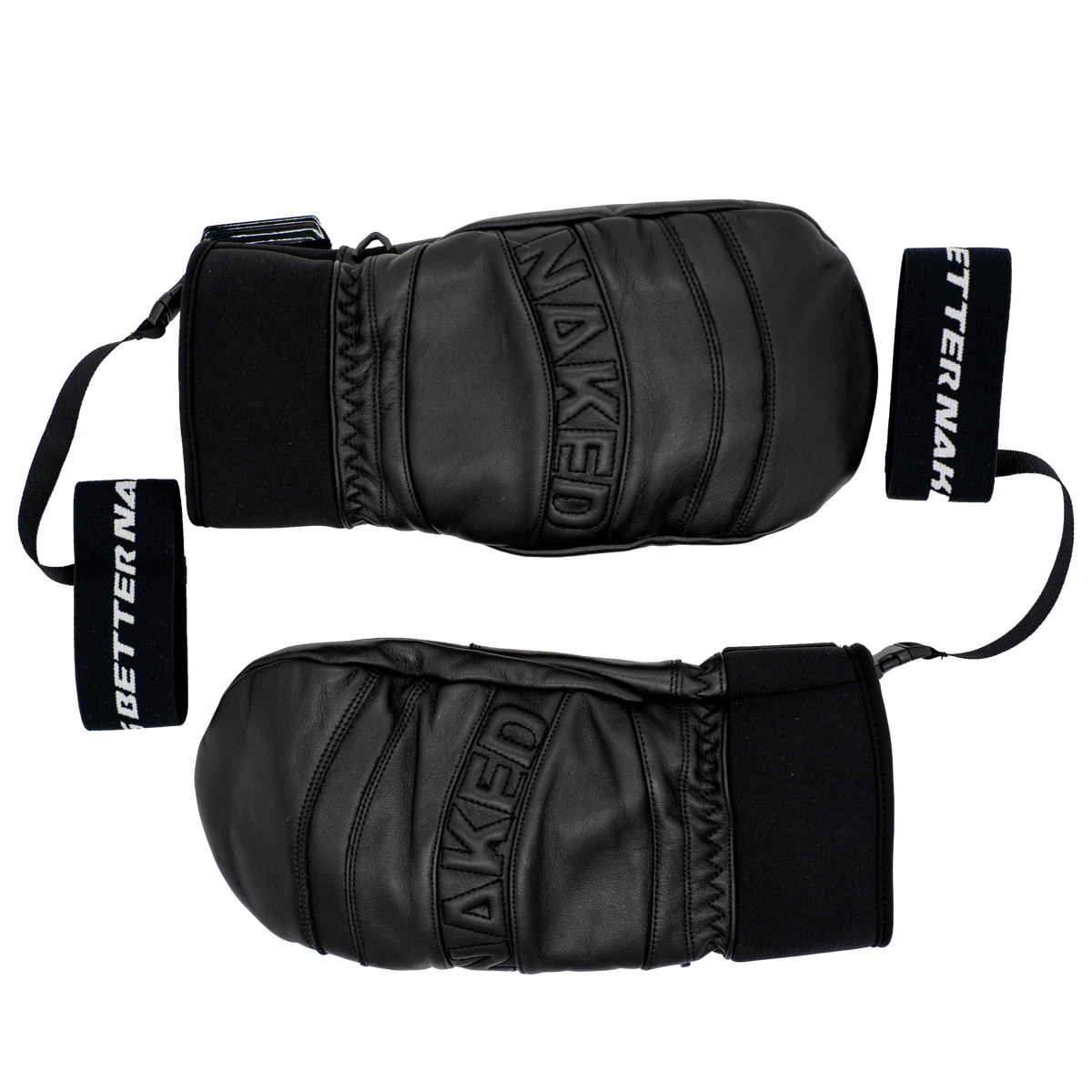 Two black CRUZER EVO Mitten boxing gloves by NAKED Optics, made from Echtleder with attached straps, displayed flat on a white background.