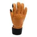 A tan The CRUZER EVO Solo glove by NAKED Optics with black accents, shown upright with the palm facing away and NAKED embossed on it.