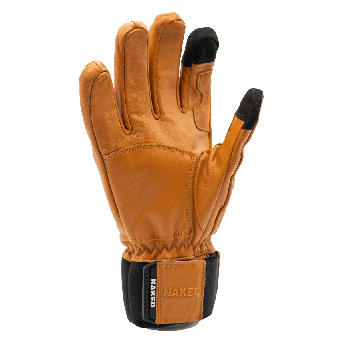 A pair of The CRUZER EVO Solo skihandschuhe by NAKED Optics, crafted from brown rindsleder with black fingertips and a black wrist strap labeled “NAKED,” displayed on a white background.