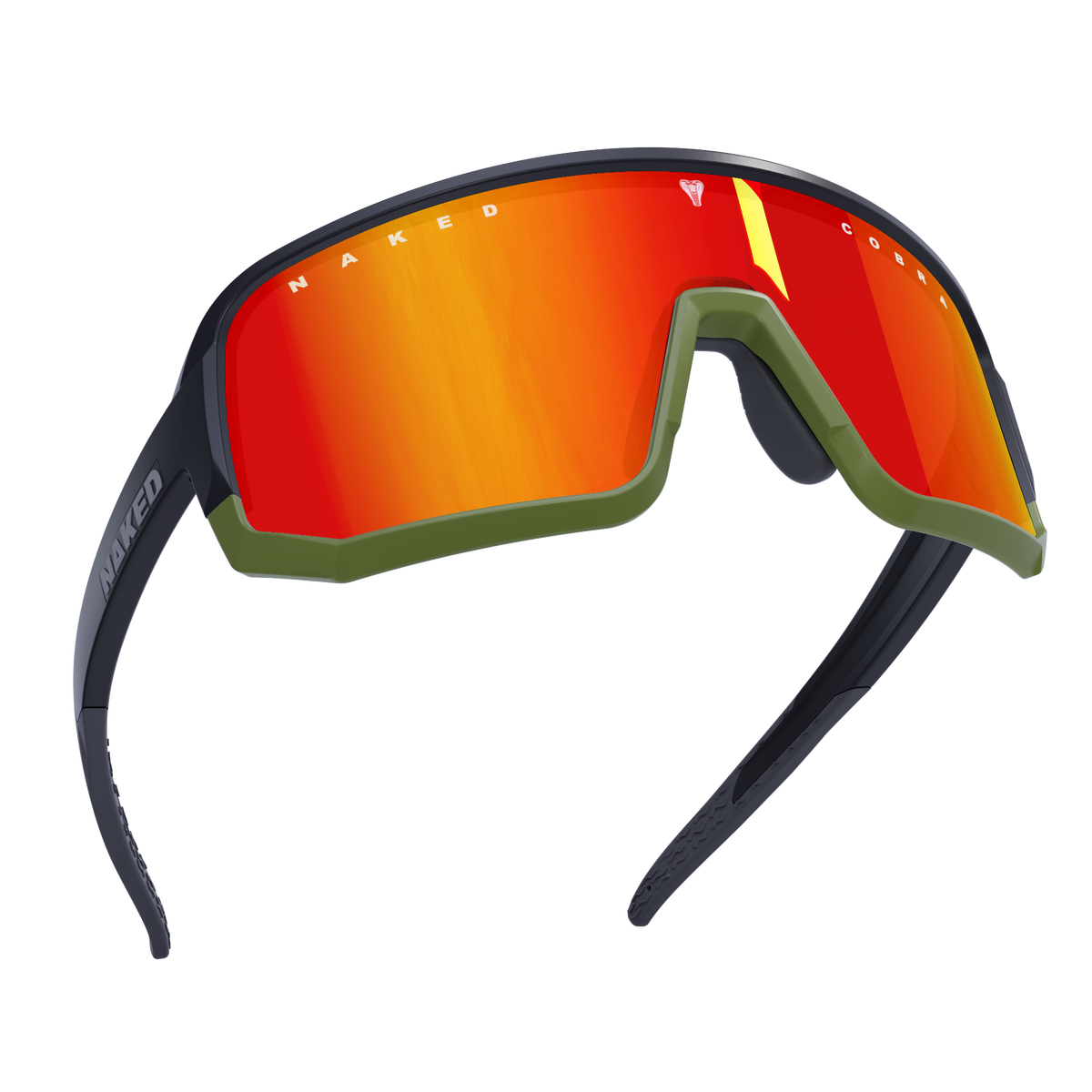 The NAKED Optics VOLT Hero-Edition sunglasses feature red-orange mirrored lenses, a black frame, and green lower trim, shown angled on a white background. Inspired by Stevie Schneider, this Mountainbike Brille combines standout style with high-performance for every ride.