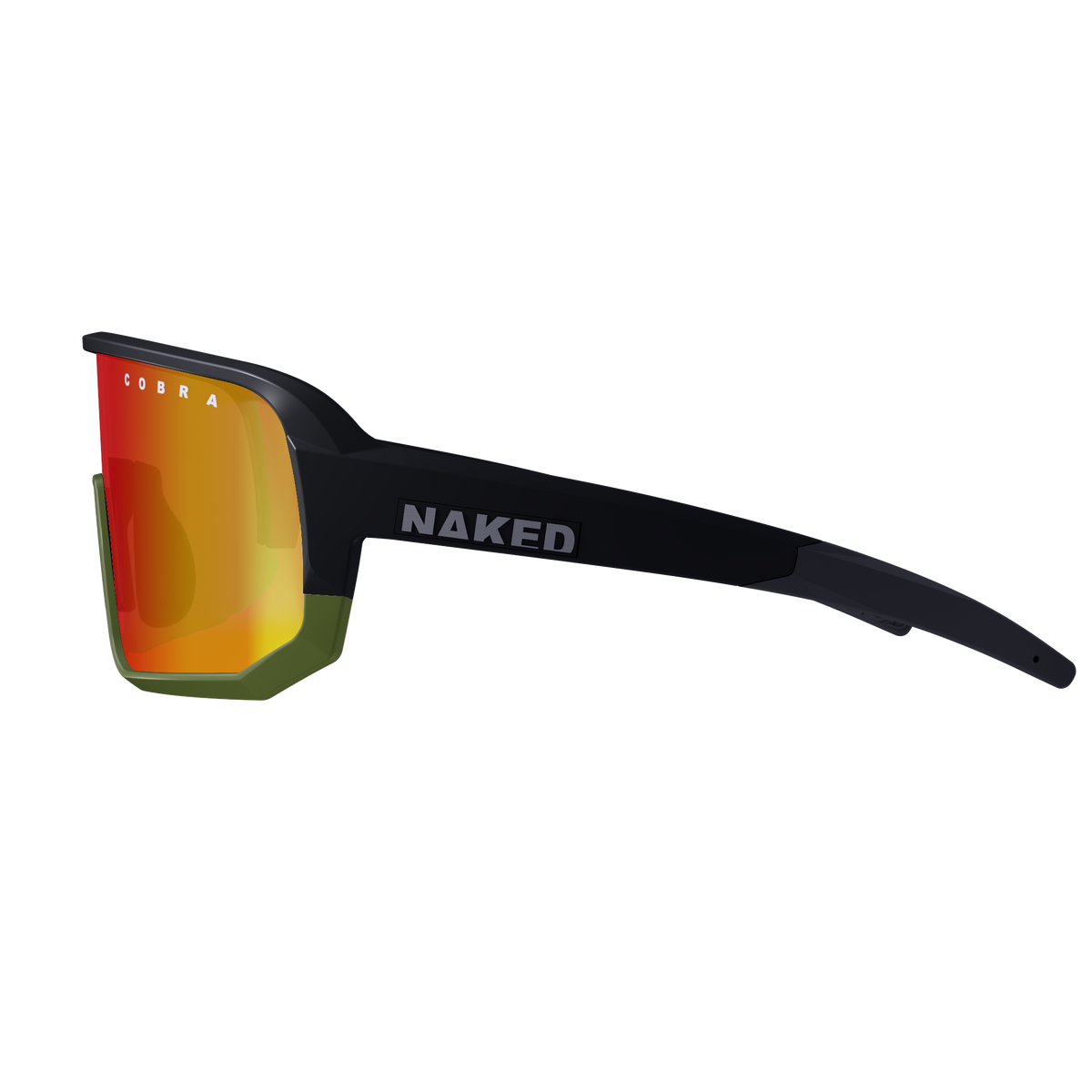Side view of The VOLT Hero-Edition by NAKED Optics—sporty black sunglasses featuring orange reflective lenses and the signature NAKED branding on the arm, perfect as a mountain bike Brille inspired by Stevie Schneider.