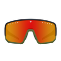 Sport sunglasses featuring a red-orange mirrored lens, black frame, and green lower trim on a white background—experience ultimate clarity and performance with the NAKED Optics VOLT Pro-Model, the perfect choice for those who demand both style and functionality.