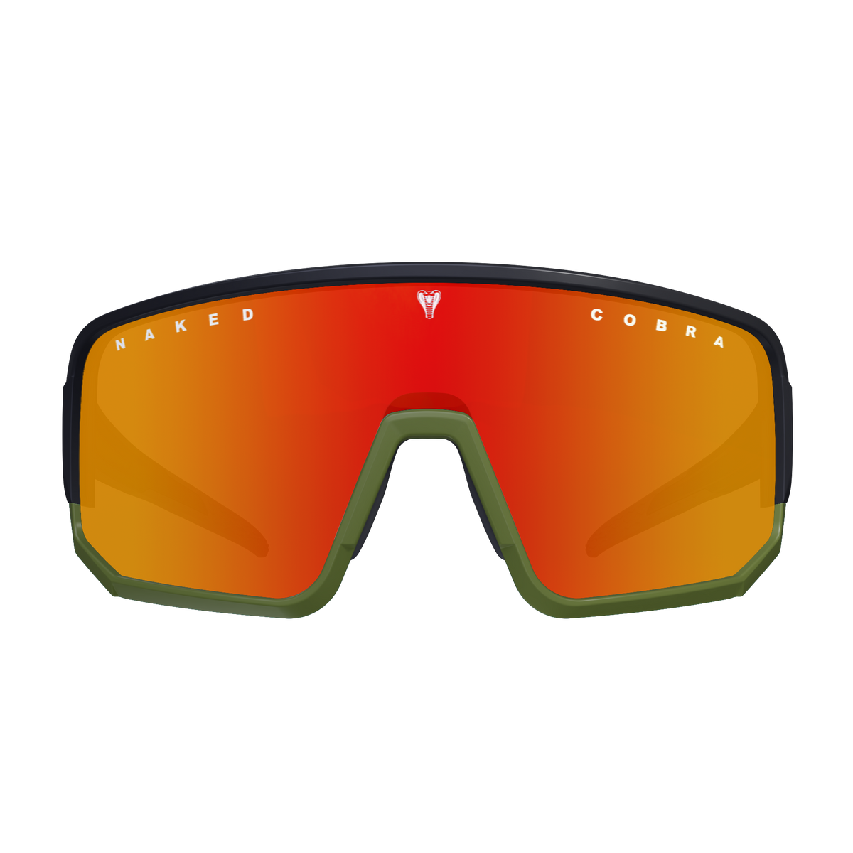 Sport sunglasses featuring a red-orange mirrored lens, black frame, and green lower trim on a white background—experience ultimate clarity and performance with the NAKED Optics VOLT Pro-Model, the perfect choice for those who demand both style and functionality.