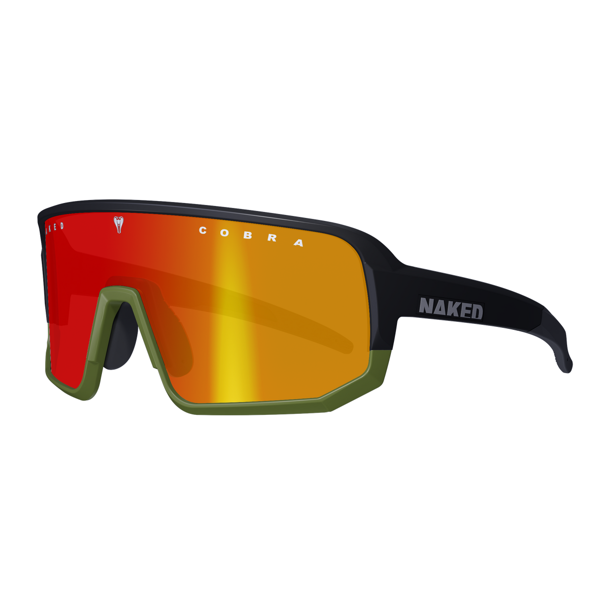 Upgrade your trail performance with The VOLT Pro-Model from NAKED Optics – featuring a black frame, green accents, red-orange mirrored lens, and bold NAKED and COBRA branding. These sport sunglasses are the ideal Mountainbike Brille or VOLT Sportbrille for every serious rider.