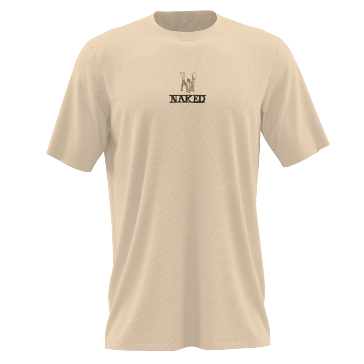 The T-Shirt Snow-Love by NAKED Optics features a small NAKED graphic and minimalist line art on the chest, crafted from soft Bio-Baumwolle in a beige color.