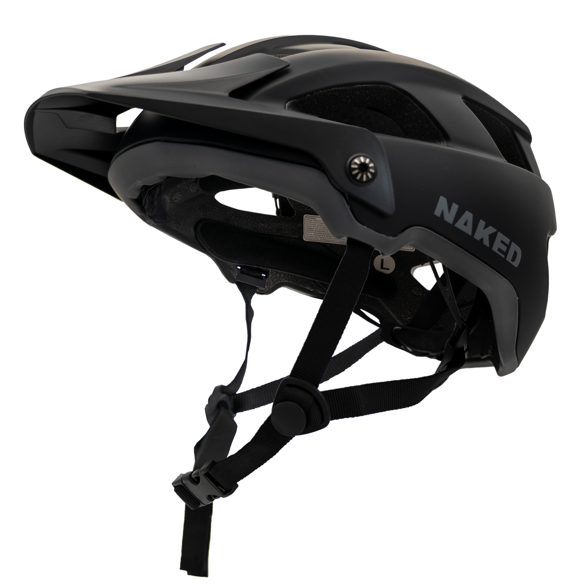 The RIDGE by NAKED Optics is a matte black MTB helmet featuring a visor, side vents, adjustable straps, and the NAKED logo on the side.