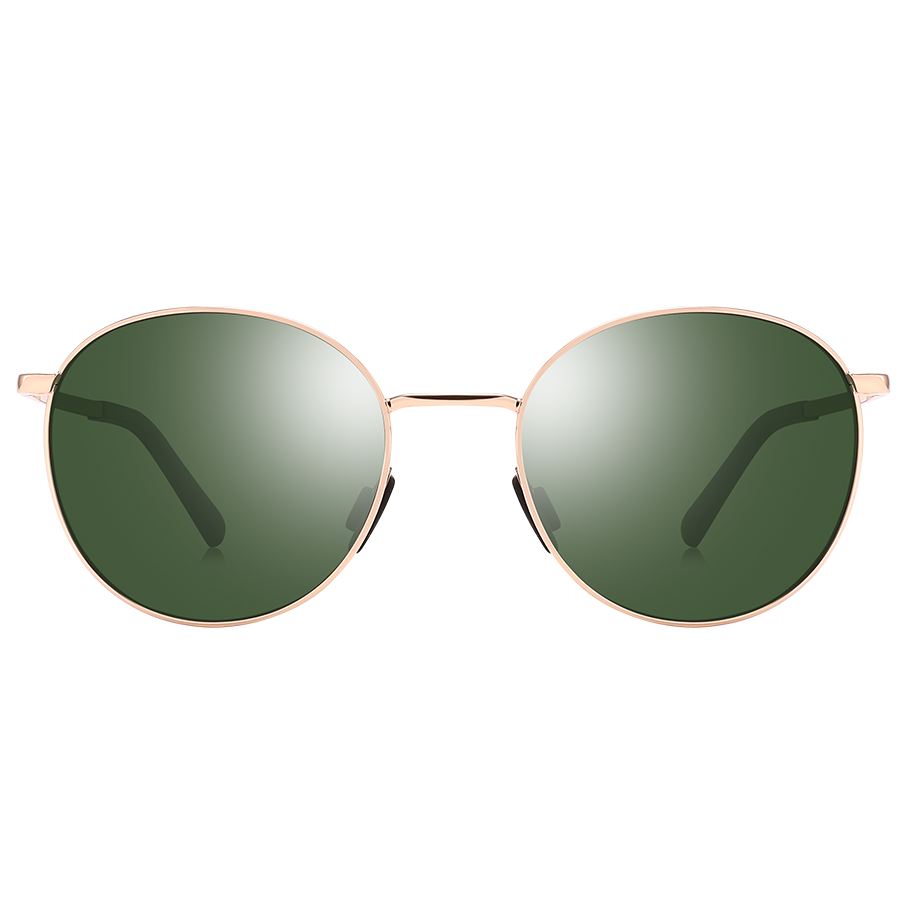 The PARKER by NAKED Optics is a round sunglasses model with a gold metal frame and dark green lenses featuring UV400 protection, displayed on a white background.