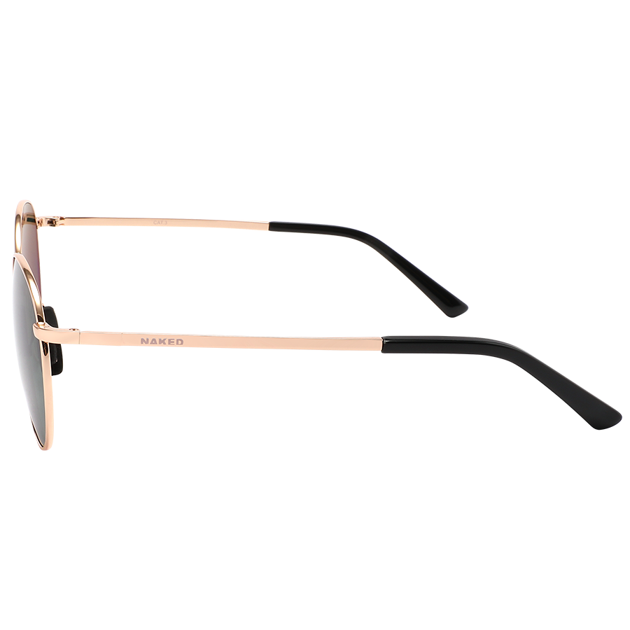 Side view of The PARKER by NAKED Optics showcasing a stylish gold metal frame design with black earpieces and dark lenses, providing UV400 protection, set against a plain white background.