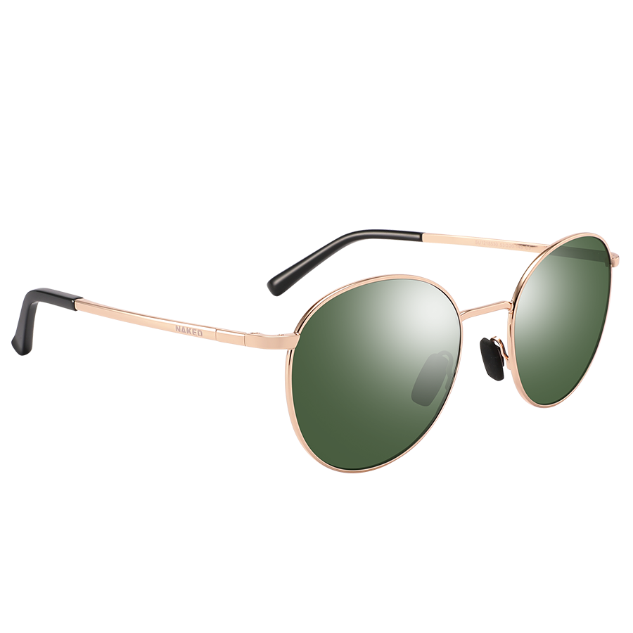 Gold-framed aviator sunglasses with green lenses and black-tipped arms on a white background, The PARKER by NAKED Optics features a robust Metallrahmen Sonnenbrille design and provides reliable UV400 Schutz for optimal eye protection.