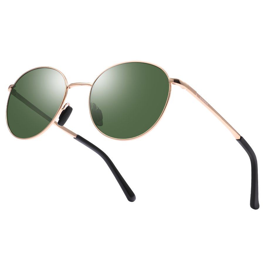 Round sunglasses with green lenses and thin gold frames, black ear tips visible against white background. The PARKER by NAKED Optics features a stylish Metallrahmen Sonnenbrille design and offers reliable UV400 Schutz for your eyes.