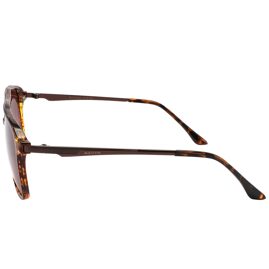 Side view of The CARTEL by NAKED Optics, featuring tortoiseshell brown frames and dark polarized lenses, set against a white background.
