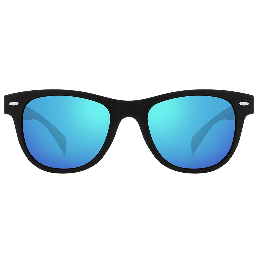 Die SWOOP von NAKED Optics ist eine schwarze Sonnenbrille mit blau verspiegelten, polarisierten Gläsern, die auf weißem Hintergrund nach vorne gerichtet abgebildet ist und Ihren Augen optimalen UV-Schutz bietet.