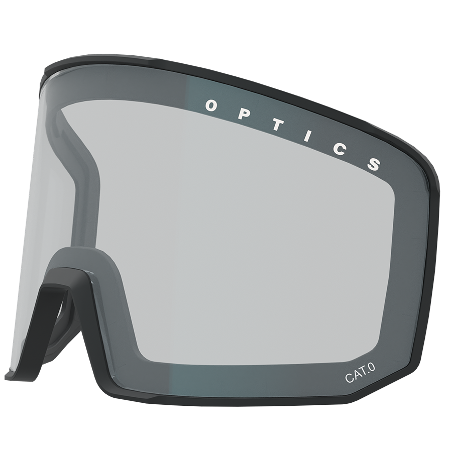 Ersatzglas SOLAR von NAKED Optics ist eine grau getönte Sportbrillenscheibe mit der Kennzeichnung CAT.0, abgebildet vor weißem Hintergrund, die über eine Anti-Fog-Beschichtung für klare Sicht verfügt – ideal als Skibrille auf der Piste.