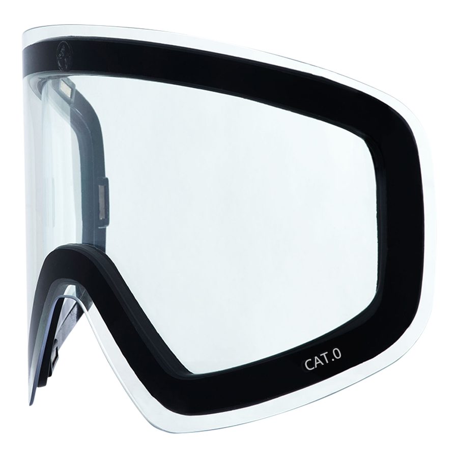 The NAKED Optics Ersatzglas TROOP EVO is a clear ski or snowboard goggle lens with a black frame and CAT.0 marking, featuring Schlechtwetterglas technology for optimal visibility in poor weather conditions. It is compatible with the SnapTech-Magnetwechselsystem for easy replacement with Skibrille Ersatzgläser.