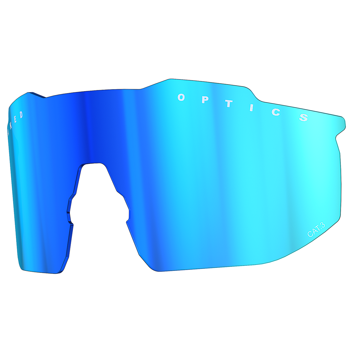 La lente di ricambio SHYFT di NAKED Optics è una lente con rivestimento a specchio blu per occhiali sportivi, dotata delle marcature “OPTICS” e “CAT3” sui bordi, con protezione UV e lenti polarizzate per garantire maggiore protezione e nitidezza durante le tue attività.
