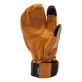 Wir präsentieren den CRUZER EVO Lobster von NAKED Optics – einen dreifingerigen Handschuh aus braunem Leder mit schwarzen Akzenten und dem Schriftzug „NAKED“ auf dem Handgelenkband. Dieser Skihandschuh eignet sich perfekt zum Skifahren oder Snowboarden und vereint Stil und Leistung nahtlos für passionierte Wintersportler.