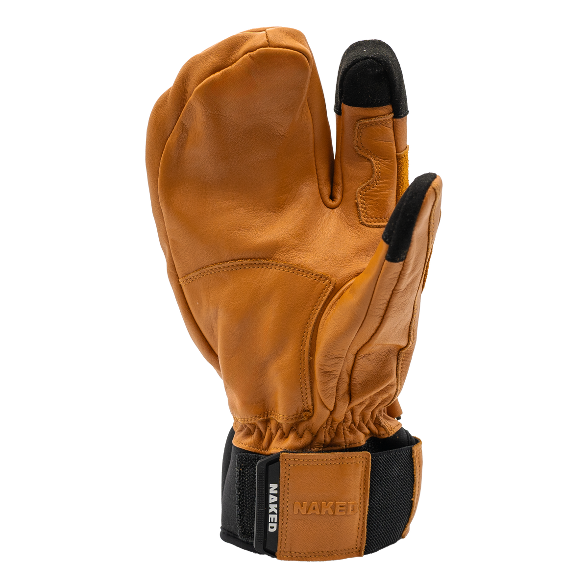 Wir präsentieren den CRUZER EVO Lobster von NAKED Optics – einen dreifingerigen Handschuh aus braunem Leder mit schwarzen Akzenten und dem Schriftzug „NAKED“ auf dem Handgelenkband. Dieser Skihandschuh eignet sich perfekt zum Skifahren oder Snowboarden und vereint Stil und Leistung nahtlos für passionierte Wintersportler.