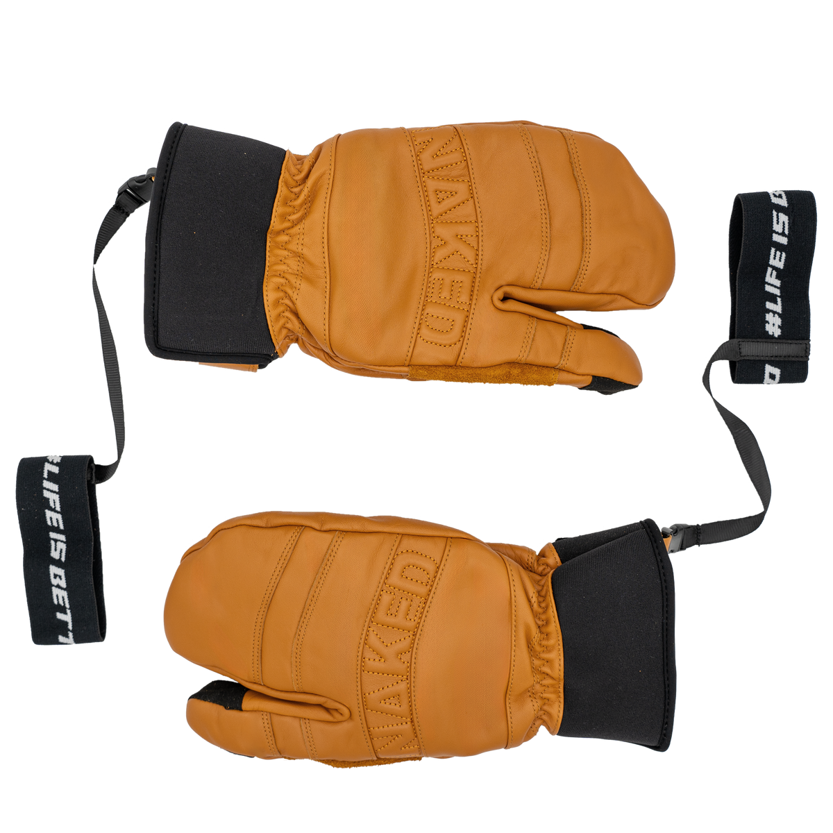 Die CRUZER EVO Lobster von NAKED Optics sind zwei braune Fäustlinge mit schwarzen Bündchen und Handgelenkriemen, die mit dem Schriftzug #LIFE IS BETTER versehen sind – perfekt zum Skifahren oder Snowboarden. Diese Skihandschuhe halten deine Hände auf der Piste warm und sorgen gleichzeitig für einen stylischen Look.