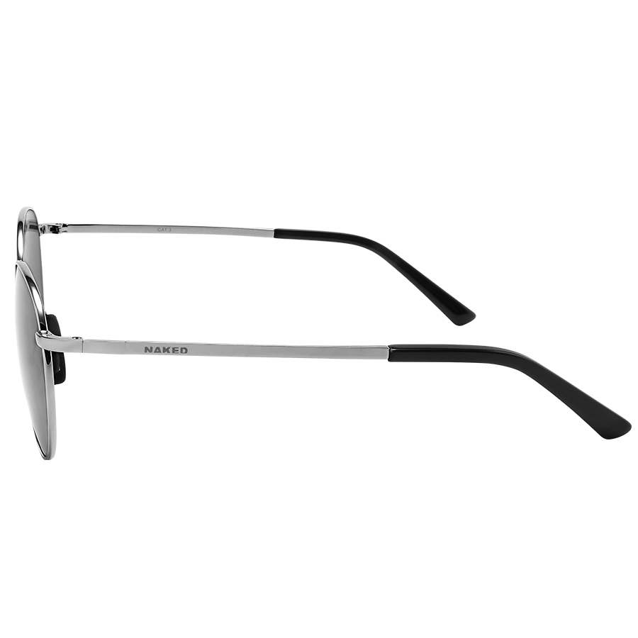 Side view of The PARKER Sonnenbrille by NAKED Optics in silver, featuring black temple tips and a sleek Metallrahmen-Sonnenbrille design, set against a plain white background. Provides reliable UV400 Schutz for your eyes.