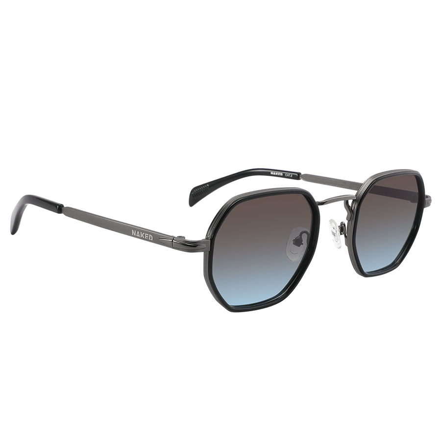 Occhiali da sole esagonali “The ICON” di NAKED Optics con montatura in metallo, lenti blu sfumate e aste sottili nere su sfondo bianco: offrono protezione UV400 per una sicurezza all’insegna dello stile.