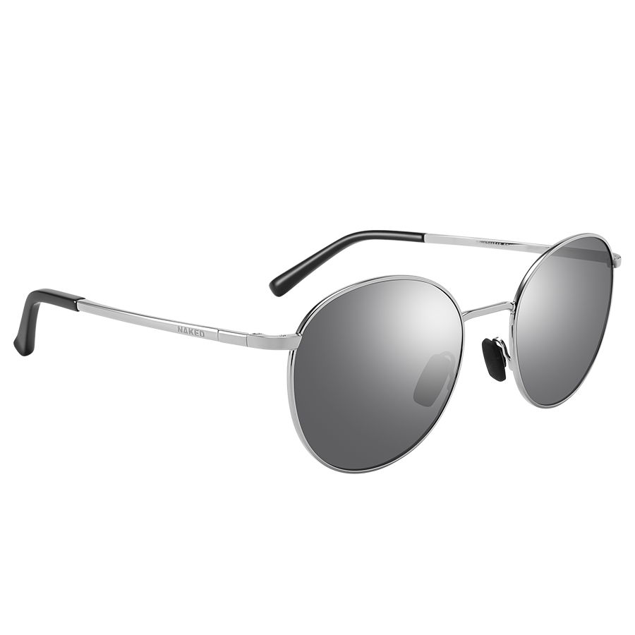 Introducing The PARKER by NAKED Optics: sleek silver aviator sunglasses with dark reflective lenses, black earpieces, and a stylish Metallrahmen Sonnenbrille design, offering reliable UV400 Schutz—presented on a white background.