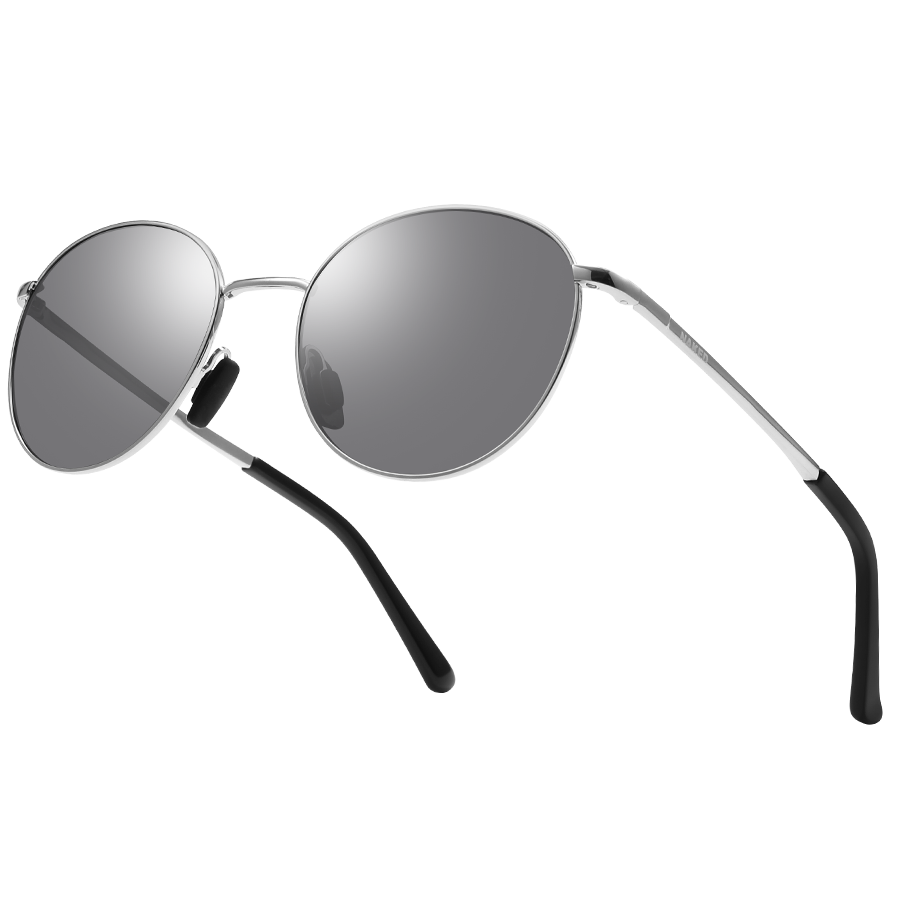 The PARKER sunglasses by NAKED Optics feature a sleek silver Metallrahmen Sonnenbrille design with dark lenses, black-tipped arms, and reliable UV400 Schutz, displayed on a white background.