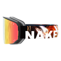 Seitenansicht von „The NOVA“, einer großen Skibrille von NAKED Optics mit reflektierenden orangefarbenen Gläsern und dem Schriftzug „NAKE“ auf dem Riemen im Weltraum-Design, ausgestattet mit einem innovativen Magnetwechselsystem für mühelosen Glaswechsel.