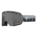 Gray ski goggles from NAKED Optics, named The TROOP Youth, featuring a wide strap with the partially visible word SNAKE in black lettering. Designed as a compact ski goggle for young people and equipped with a reliable anti-fog coating.