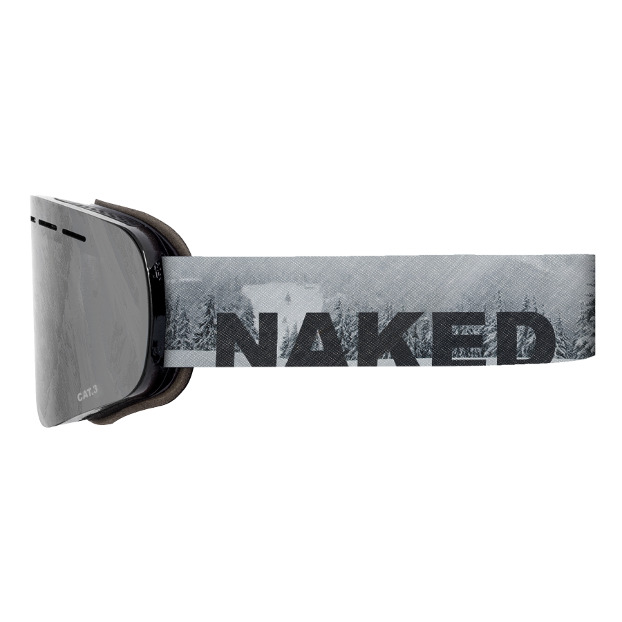 The TROOP Youth by NAKED Optics are gray ski goggles featuring a reflective lens and a strap boldly printed with “NAKED.” Designed with an effective Anti-Fog-Beschichtung for clear vision on the slopes, these kleine Skibrille are perfect for Skibrille Jugendliche, combining stylish looks with reliable functionality.