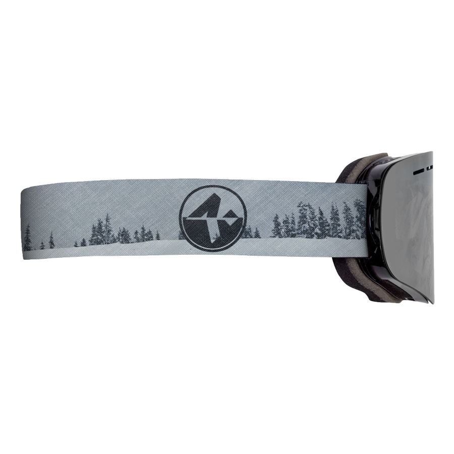 The TROOP Youth by NAKED Optics are gray ski goggles featuring a black-tinted lens, a strap adorned with tree silhouettes and a circular logo. Designed as a kleine Skibrille, they are ideal for Jugendliche and come equipped with an advanced Anti-Fog-Beschichtung to ensure clear vision on the slopes.