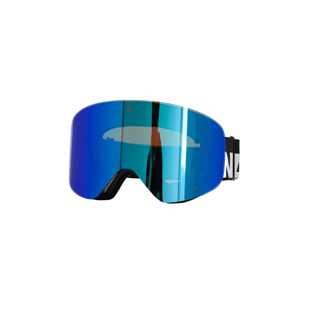 The TROOP EVO Skibrille by NAKED Optics, featuring a blue-tinted lens, black strap, and Anti-Fog-Beschichtung, is shown from the front against a white background.