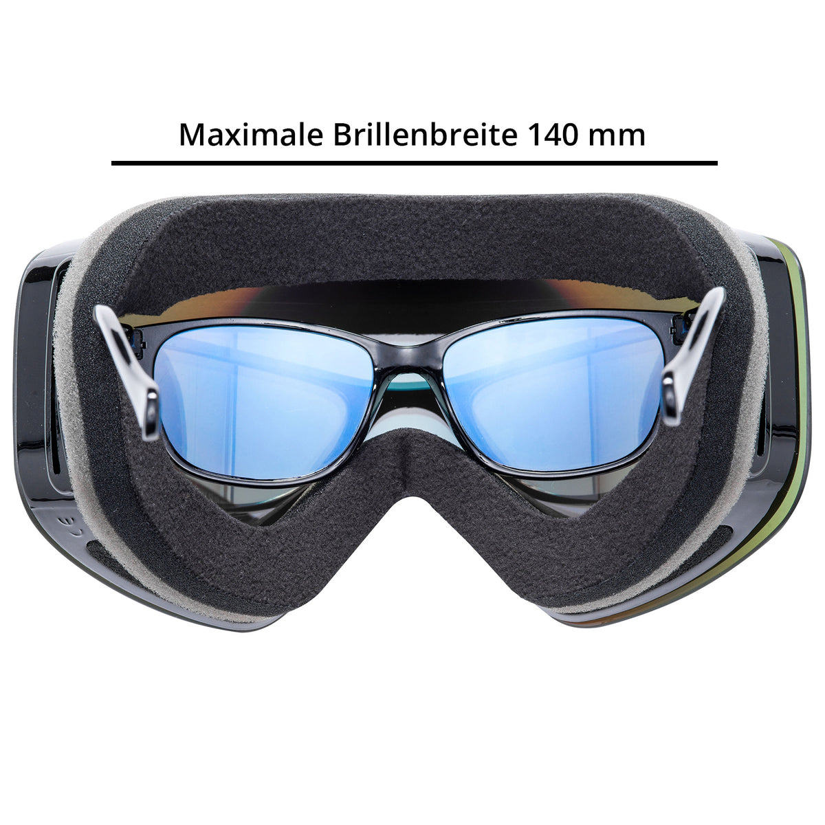 The STORM ski goggles by NAKED Optics are designed to fit prescription glasses up to a maximale Brillenbreite of 140 mm, featuring a sphärisch Skibrille design and an effective Anti-Fog-Beschichtung for clear vision on the slopes.