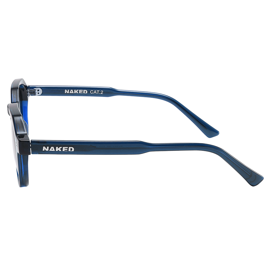 Side view of The LUNA blue eyeglass frame from NAKED Optics, featuring “NAKED” and “CAT.2” printed on the arm—this Lifestyle Brille delivers a modern look perfect for any occasion.