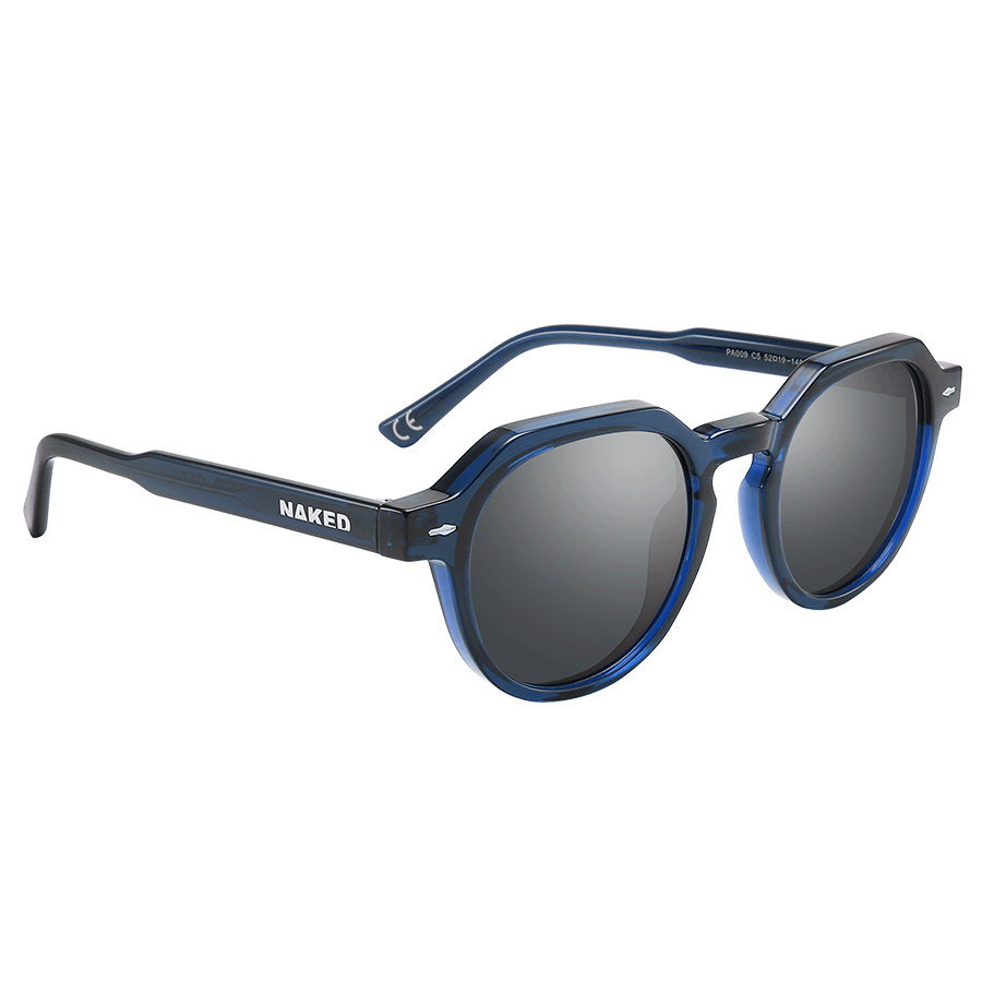 With blue frames and round dark lenses, The LUNA sunglasses by NAKED Optics feature “NAKED” on the left temple and polarisierte Gläser for enhanced clarity—making them the perfect stylish Lifestyle Brille.