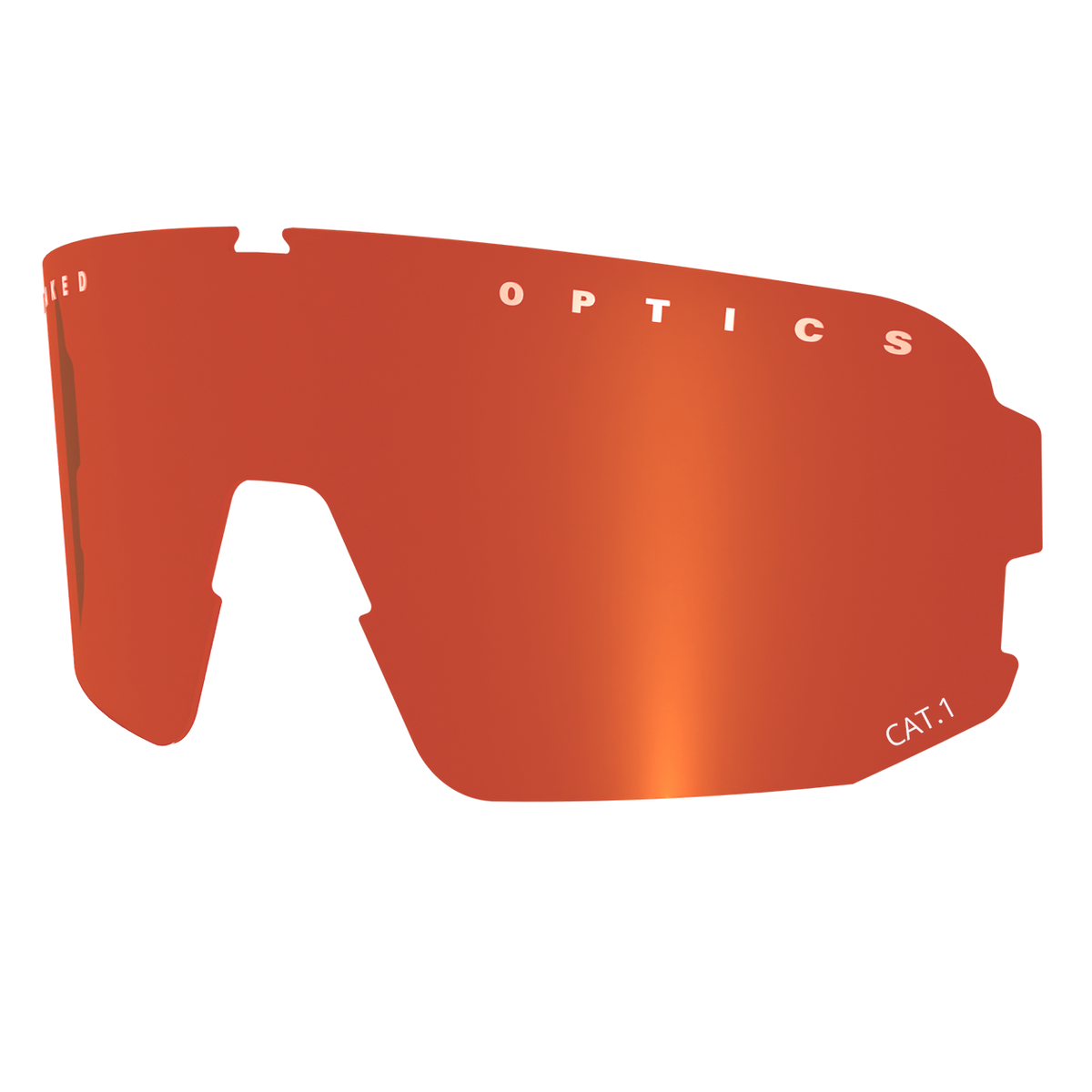 Verre de rechange VOLT miroir rouge-orange de NAKED Optics, orné d'une inscription blanche « OPTICS » et « CAT.1 » sur fond uni, offrant une protection UV fiable pour vos yeux.