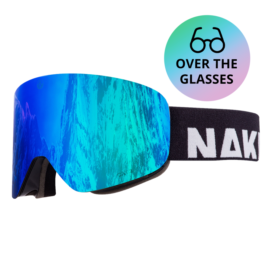 Introducing The TROOP EVO by NAKED Optics: These blue mirrored ski goggles feature a black strap and a vibrant “OVER THE GLASSES” emblem. With advanced Anti-Fog-Beschichtung, they ensure clear vision on the slopes while delivering exceptional style and performance.